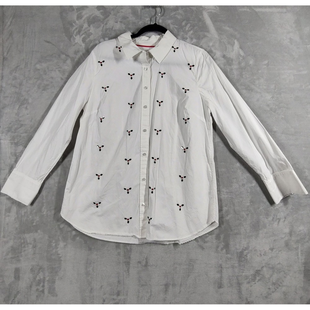 Talbots Womens White Embroidered Floral Cotton Button Down Shirt Large L 07/20
